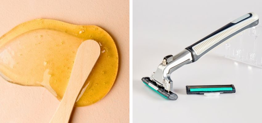 Close-up of wax and a razor comparing tools when asking is waxing better than shaving.