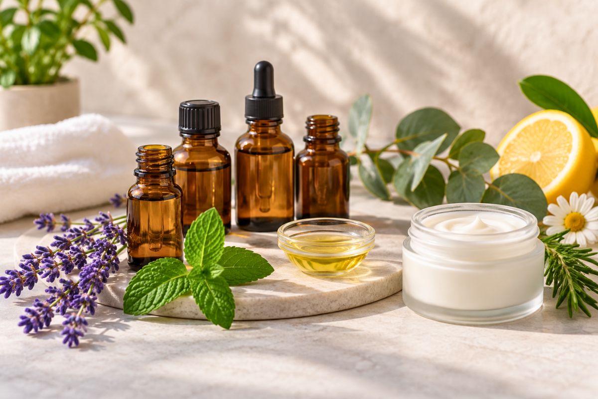 Essential oil bottles with natural ingredients, raising the question are essential oils safe for skin.