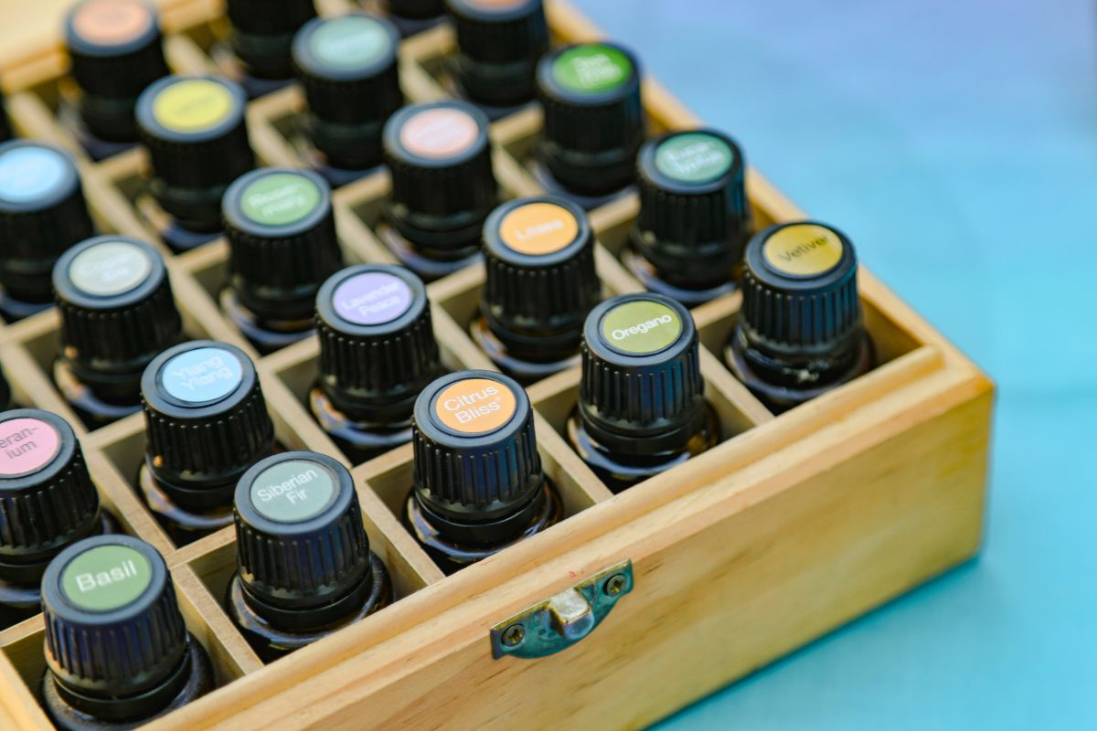 A box of assorted essential oils.