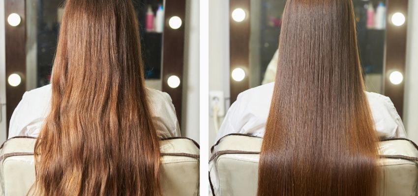 Before and after photo comparison showing the smooth results of a keratin treatment on a woman’s hair.