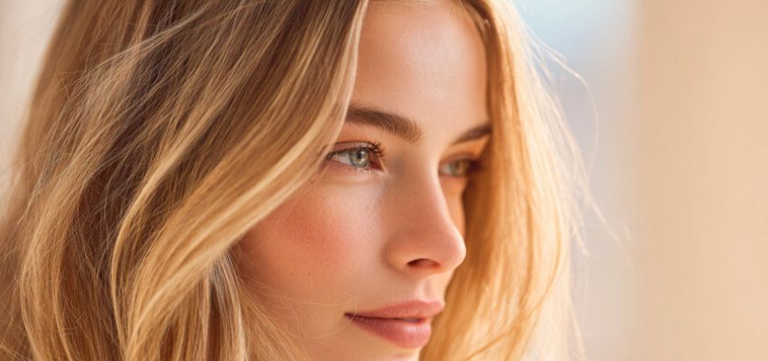 Woman with smooth, sunlit blonde hair and a naturally subtle Scandinavian hairline, highlighting fine texture and softness.