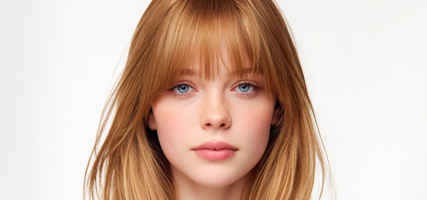 Woman with copper hair styled in soft bardot bangs framing her face.