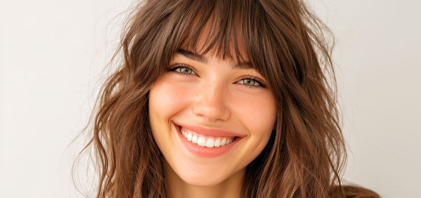 Woman with dark brown hair wearing voluminous bardot bangs for a timeless look.