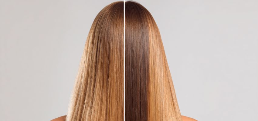 Side-by-side comparison of balayage and color blocking hair techniques showing the difference in color placement.