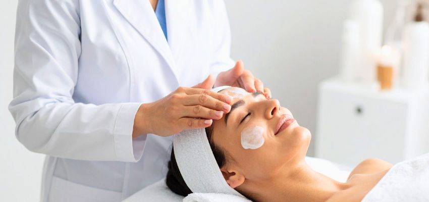 Licensed esthetician in a white coat gently applying eye treatment pads and performing a facial on a relaxed female client lying on a treatment bed, a common hands-on training scenario taught at esthetician schools.