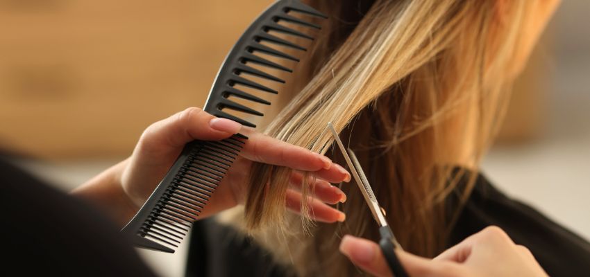 A professional stylist is trimming her client's hair.