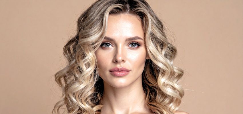 Close-up portrait of a woman with stunning wavy bronde hair and natural makeup