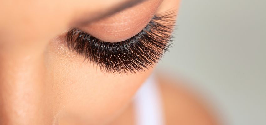 Close-up of dramatic long lashes framing an eye, showcasing the results possible with consistent use of lash serums for thicker, healthier-looking lashes