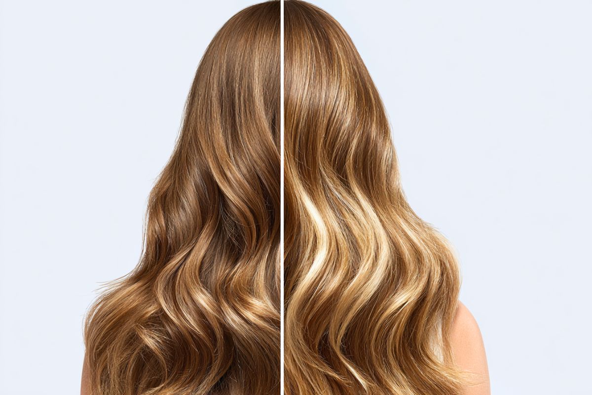 Long wavy brown hair is shown side by side to compare natural tones with added babylights vs highlights in a clear before-and-after view.