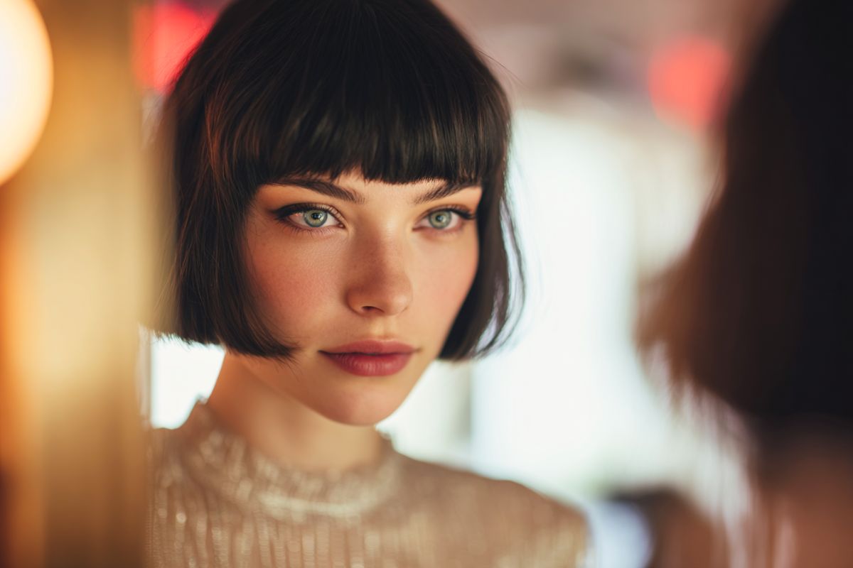 Close-up portrait of a woman with a chic bob haircut featuring what is a fringe haircut