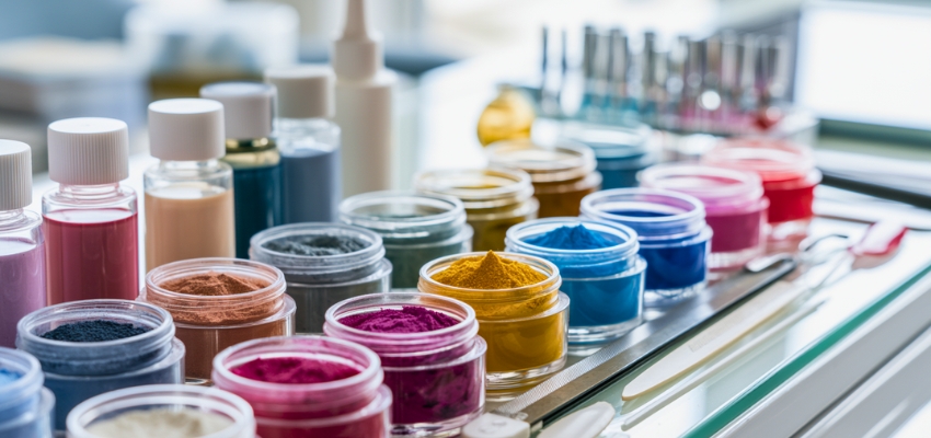 what-is-dip-powder-nails2 Vibrant collection of colorful dip powders and supplies, explaining what is dip powder nails.
