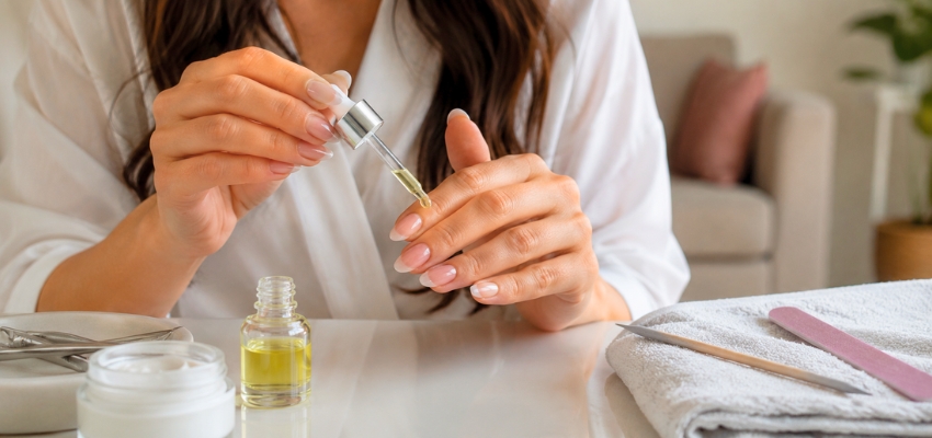 what-is-hard-gel-nails3 Woman applying cuticle oil to maintain the results of what is hard gel nails.