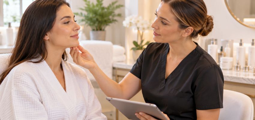collagen-facial3 Esthetician discussing treatment options for a collagen facial with a client.