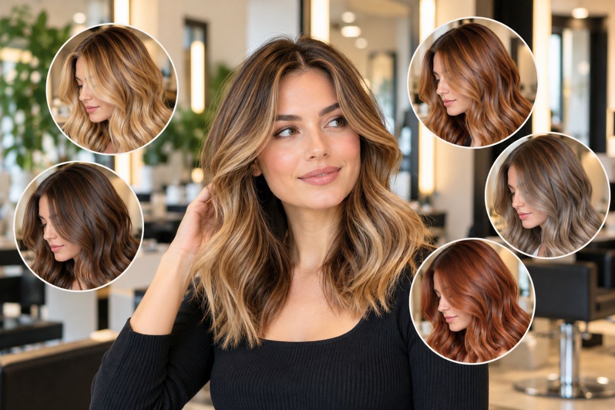 Woman surrounded by possible shades while considering what hair color suits me.